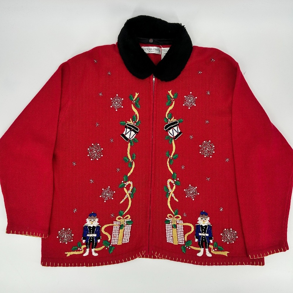 Vintage 3D Nutcracker Full Zip Holiday Cardigan Women 1X Christmas Unique